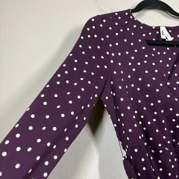 Pact Medium Fit & Flare Faux Wrap Dress Purple Polka Dot Belted Long Sleeves - Picture 7 of 11